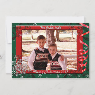 Julkortet Red & Grönt Ribbon Photo Ram Julkort