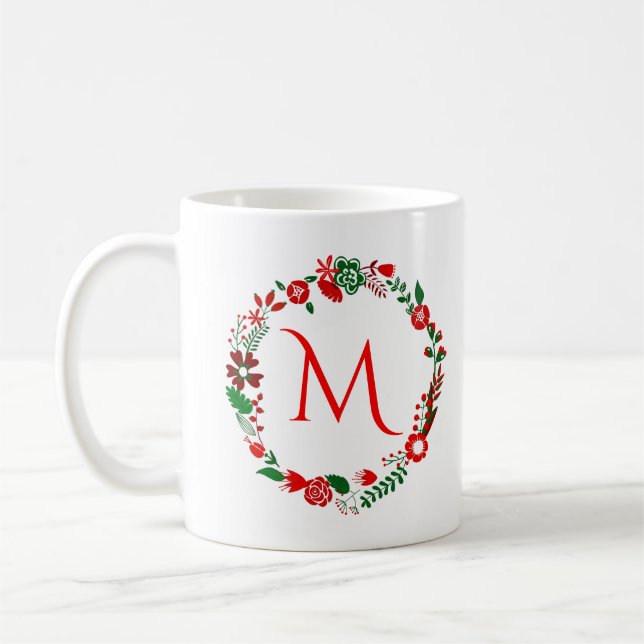 Julkott och blommor med Monogram Kaffemugg (Vänster)