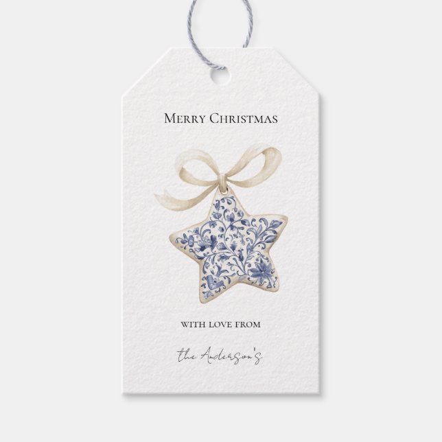 Julkräm Blå Stjärna Ornament Presentetikett (Framsidan)