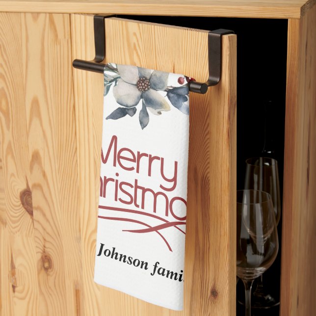 Julkrand, vita blommor, röda bär glädje kökshandduk (Thirds Fold)