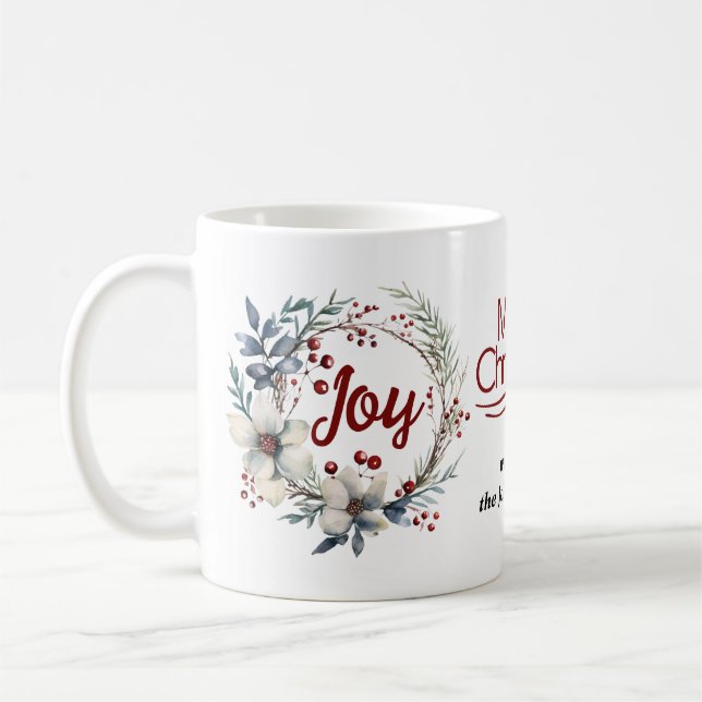 Julkrand, vita blommor, röda bär Joy Kaffemugg (Vänster)