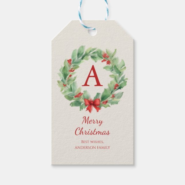 Julkranden i vattenfärgspolaren monogram och namn presentetikett (Framsidan)