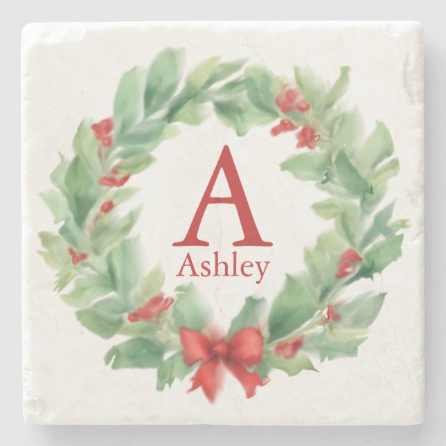 Julkranden i vattenfärgspolaren monogram och namn stenunderlägg (Framsidan)