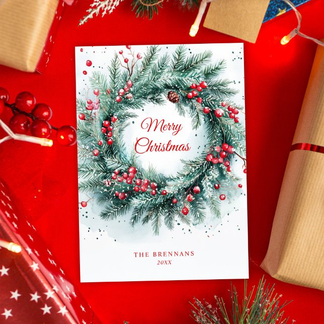 Julkranen Grey Botaniska Eleganten Julkort (Christmas Wreath Greenery Botanical Elegant Holiday Card)