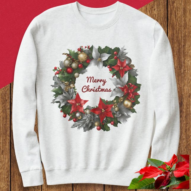 Julkrans Festiv Grönska Vinter Högtid T Shirt (A festive sweatshirt with Merry Christmas greeting in a wreath of flowers, greenery and ornaments)