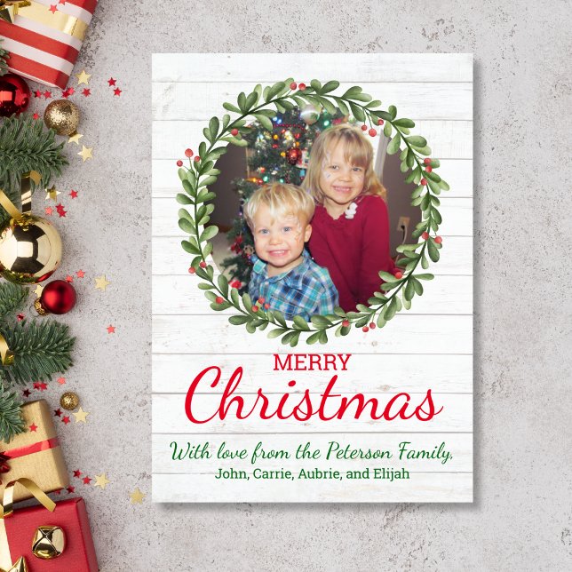 Julkrans för bondgård julkort (Christmas Card with holly wreath and photo)