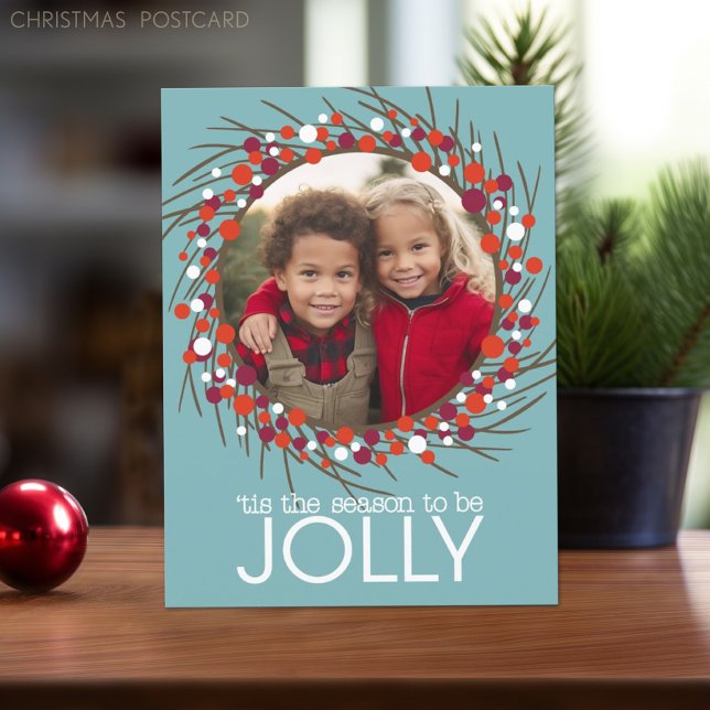 Julkrans - fotopat helg vykort (Christmas Postcard with Whimsical Berries and 1 photo)