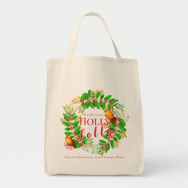 Julkrans Holly Jolly Familj Vit Tygkasse (Framsidan)