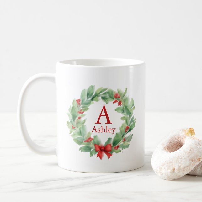 Julkrans i akvarell monogram och namn kaffemugg (Med munk)