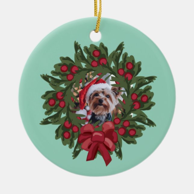 Julkrans julgransprydnad med yorkshire terrier keramik (Framsidan)