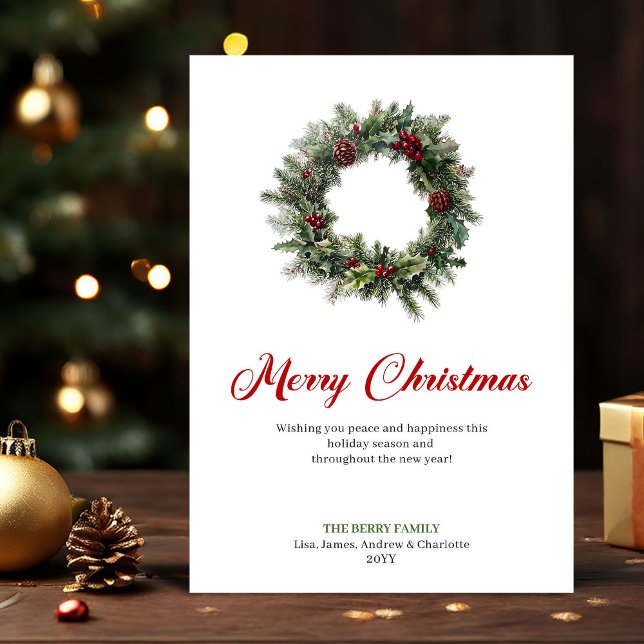 Julkrans kort med julgranssling med julhälsning (Classic Christmas Wreath with Holly Greeting Card)