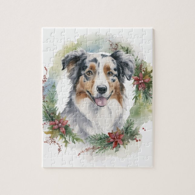 Julkrans med australian shepherd Valp firande jul Pussel (Vertikal)
