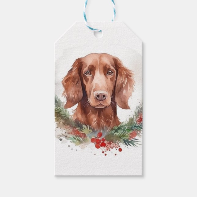 Julkrans med irländsk röd setter Festiv hund  Presentetikett (Framsidan)
