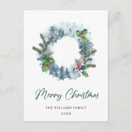 Julkrans med landskapsvy, jullyrka och bär, högtid vykort