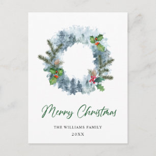 Julkrans med landskapsvy, jullyrka och bär, högtid vykort