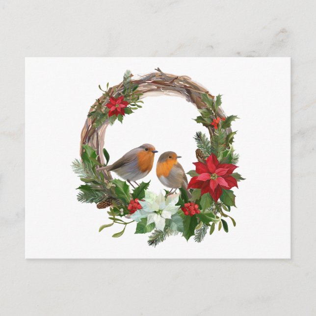 Julkrans med Poinsettia blomma och Fåglar  Vykort (Framsida)