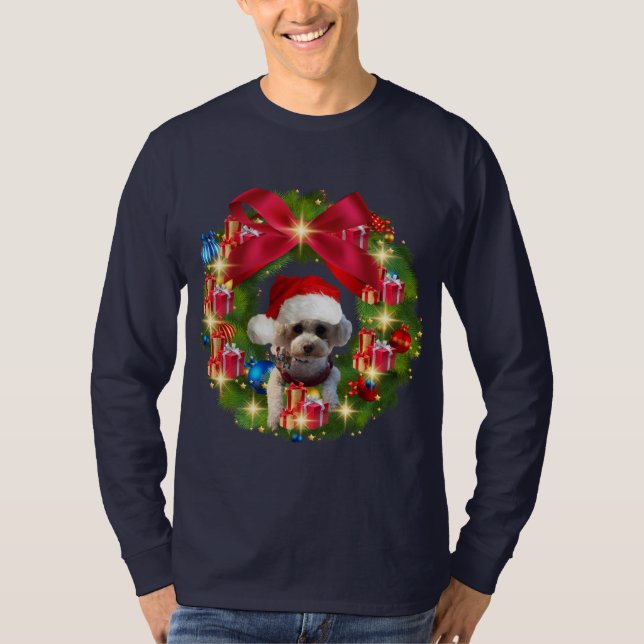 Julkrans Med Poodle Tomtehatt T-Shirt (Framsida)