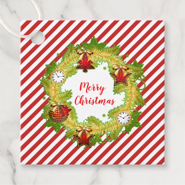 Julkrans med prydnadsföremål och Röda Rand Gåvor Etiketter (Framsida)