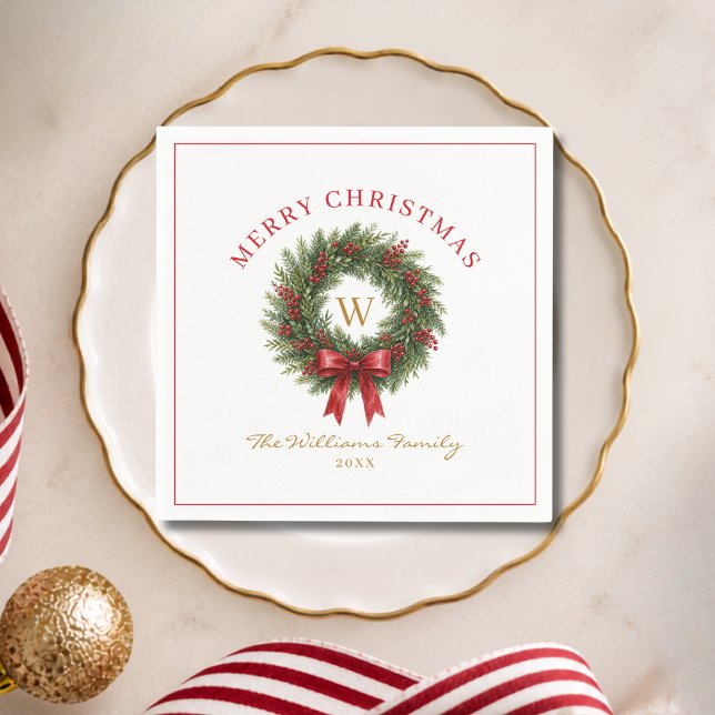Julkrans med röda band och monogram pappersservett (Monogram Christmas Wreath Red Bow Napkins)