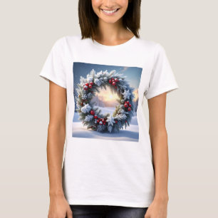 Julkrans med röda bär i snö t shirt