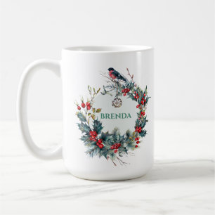 Julkrans och röd Robin med Monogram Kaffemugg