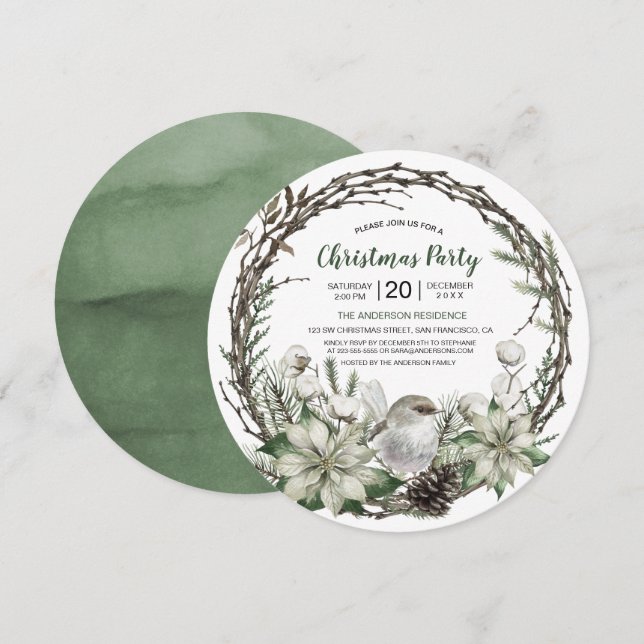 Julkrans Poinsettia & Fågel Jul Inbjudningar (Fram/baksida)