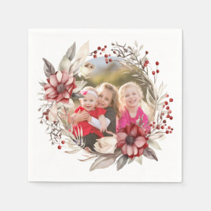 Julkrans, röda blommor och bär foto pappersservett
