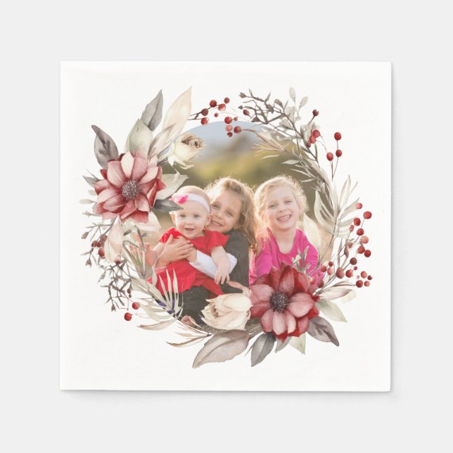 Julkrans, röda blommor och bär foto pappersservett (Framsidan)