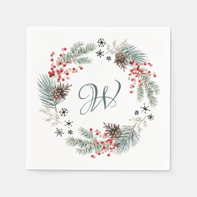 Julkrans Tall Bär Snöflingor Monogram Pappersservett (Framsidan)