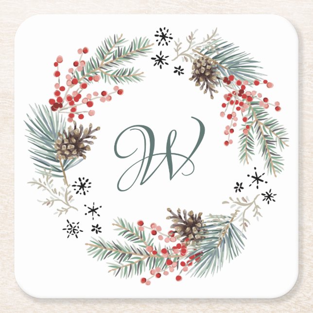 Julkrans Tall Bär Snöflingor Monogram Underlägg Papper Kvadrat (Framsidan)