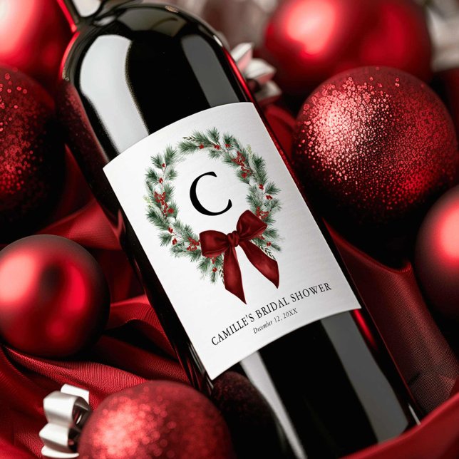 Julkrans vinetikett med monogram vinflaska etikett (Christmas Monogram Wreath Bridal Shower Wine Label)