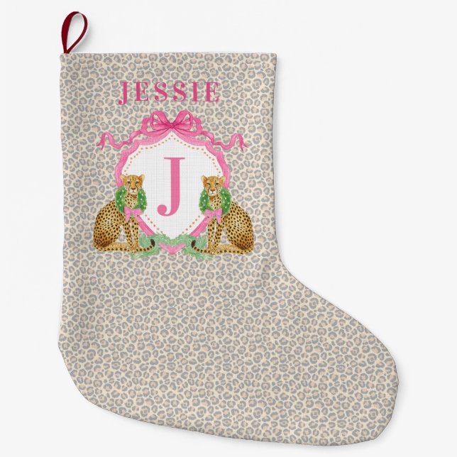 Julkransmonogram med namn i leopardmönster stor julstrumpa (Framsidan)