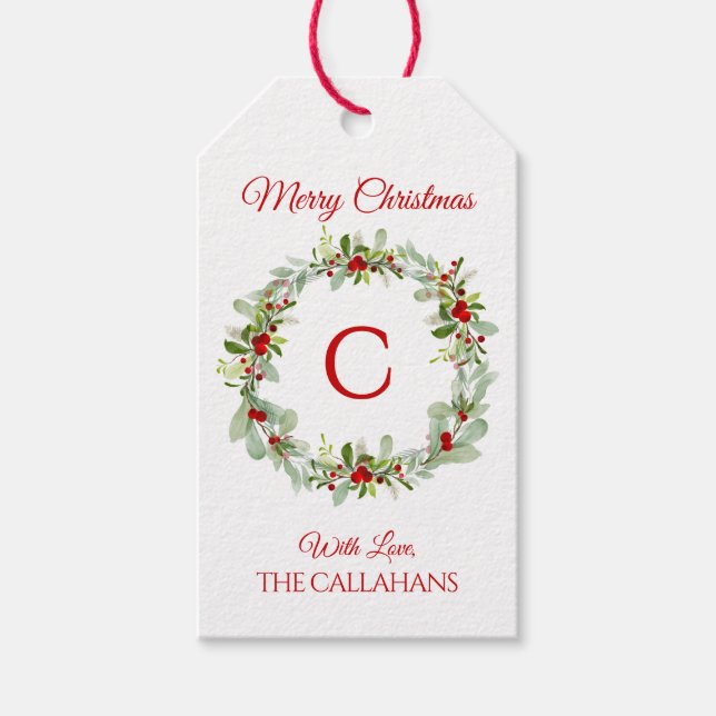 Julkranspresentkort med monogram presentetikett (Framsidan)
