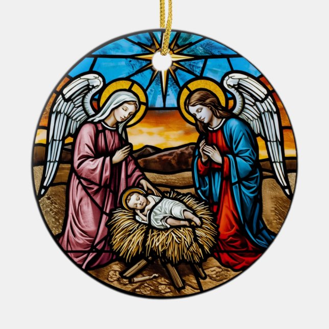 Julkrubba i glasmålning julgransprydnad keramik (Framsidan)