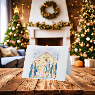 Julkrubba i guld och blått helgkort