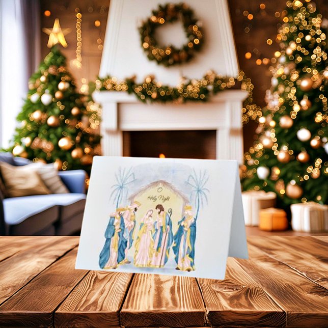 Julkrubba i guld och blått helgkort (Skapare uppladdad)
