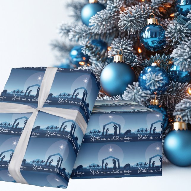 Julkrubba i religiös julstämning blå presentpapper (Skapare uppladdad)