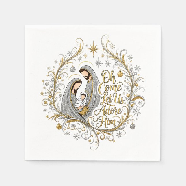 Julkrubba i silver och guld jul pappersservett (Framsidan)