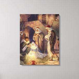 Julkrubba i vintage-stil med 3 herdar och Jesus Canvastryck