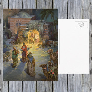 Julkrubba i vintage-stil med besökande vise män helg vykort