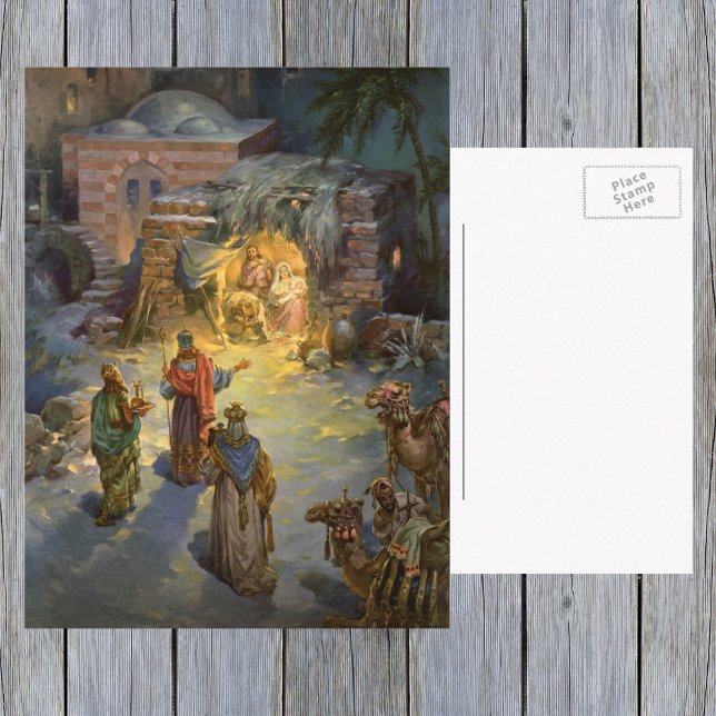 Julkrubba i vintage-stil med besökande vise män helg vykort (Skapare uppladdad)