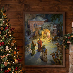 Julkrubba i vintage-stil med besökande vise män poster