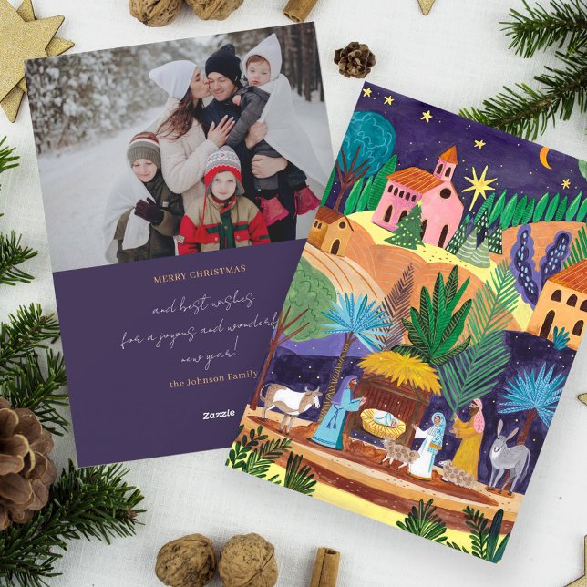 Julkrubba Religiöst Familjefoto Julen (Nativity Scene Religious Family Photo Christmas Holiday Card)