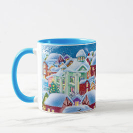 julkrus med snötäckta hus mugg