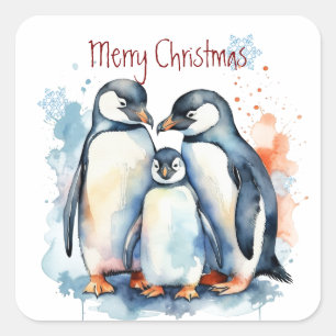 Julkrut, vattenfärg Penguin-familjens djur Fyrkantigt Klistermärke