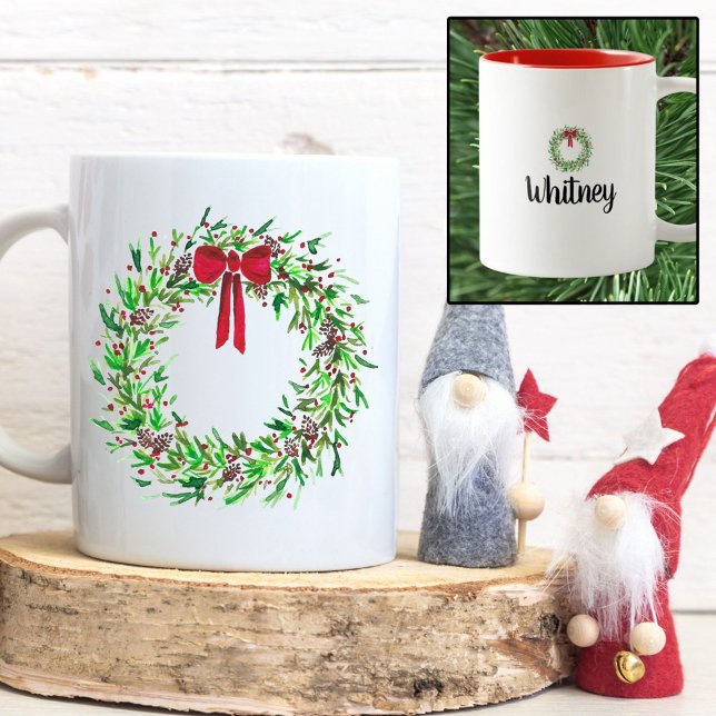 Julkrutans Vattenfärg Röda Berries och Gräs Två-Tonad Mugg (Christmas Wreath Watercolor Red Berries & Pine Two-Tone Coffee Mug)