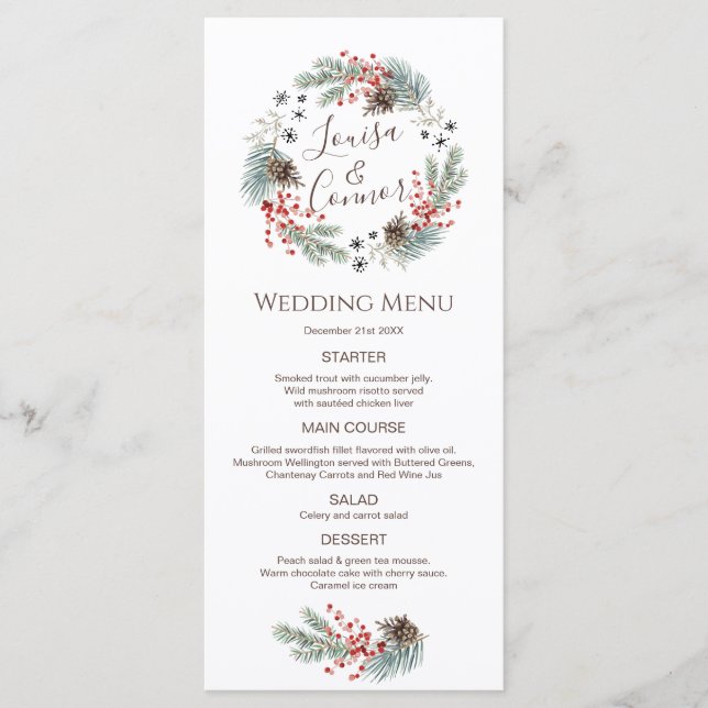 Julkrutsen Gräs Berry Snowflake Bröllop Menu Meny (Framsida)