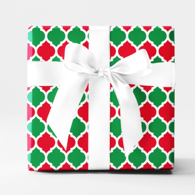 Julkvarterfolie av lätt rött och Grönt Presentpapper (Bright Red and Green Christmas Quatrefoil Wrapping Paper)