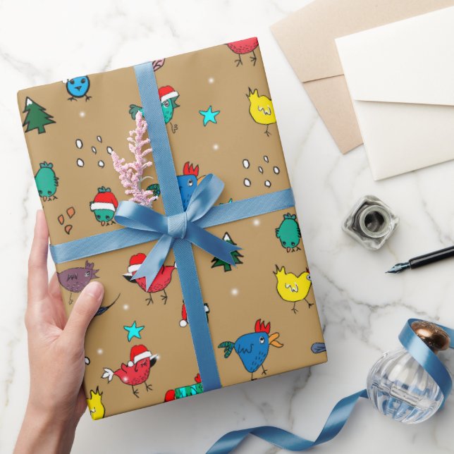 Julkycklingar på guld inslagna pappert presentpapper (Gifting)