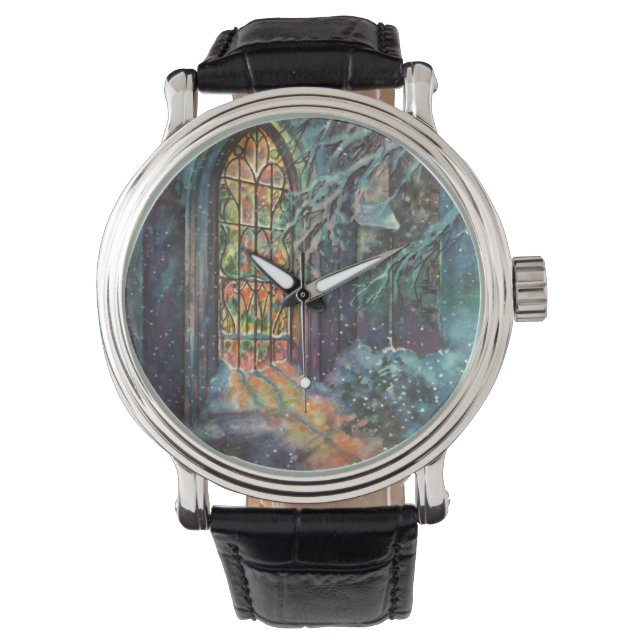 Julkyrka i vintage-stil med glasmålningfönster armbandsur (Framsida)